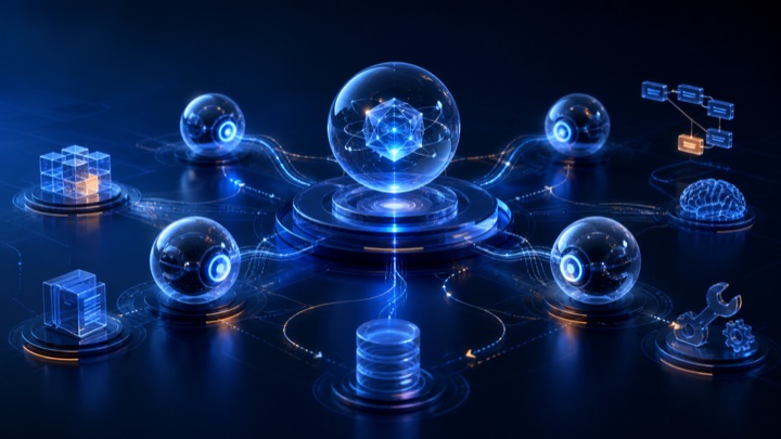 Autonomous AI agent orbs coordinating tools, memory and routes around a shared objective