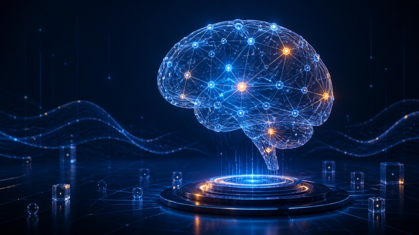 Glowing digital brain formed by connected artificial intelligence nodes in a blue technology environment