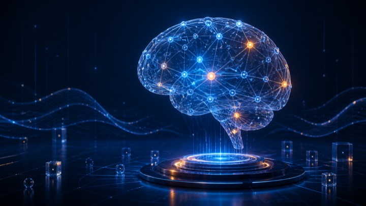 Glowing digital brain formed by connected artificial intelligence nodes in a blue technology environment