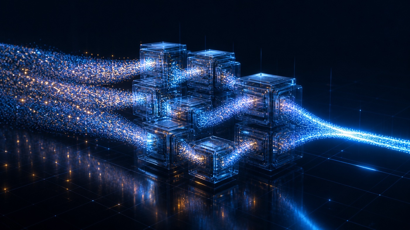 Large streams of data particles moving through distributed computing clusters