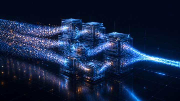 Large streams of data particles moving through distributed computing clusters