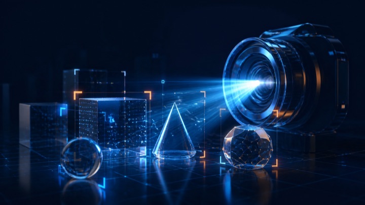 Digital camera lens analysing objects and visual patterns in a computer vision scene