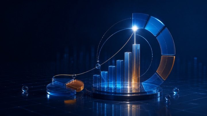 Glass charts, trend lines and segments combining into a business analytics insight