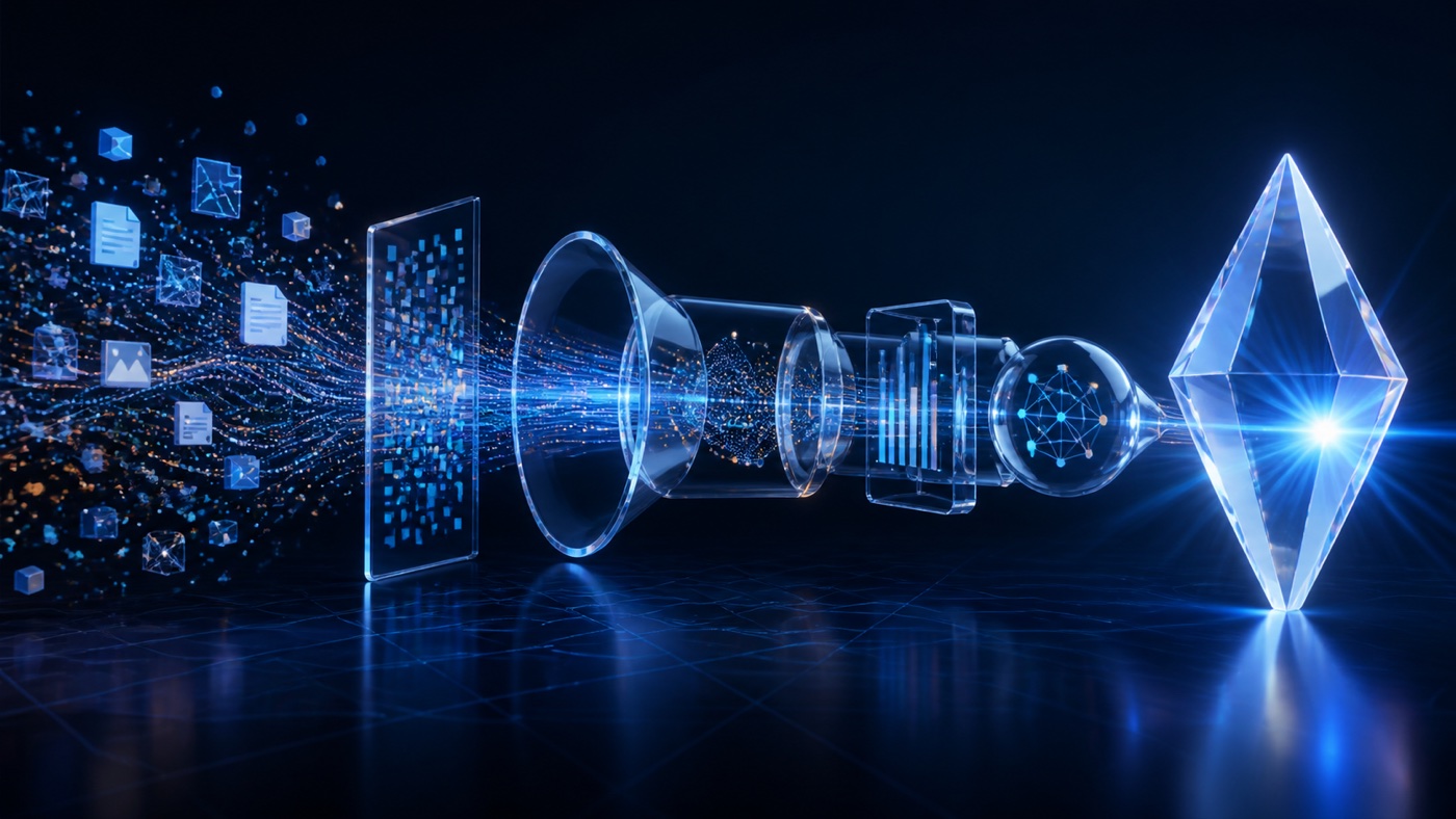 Structured and unstructured data flowing through analytical layers into a clear insight