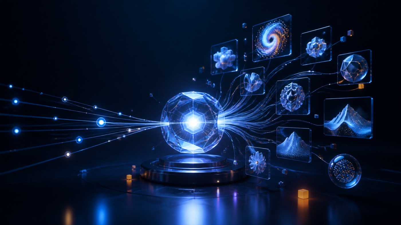 Luminous generative AI core creating text, image and data forms in a futuristic workspace