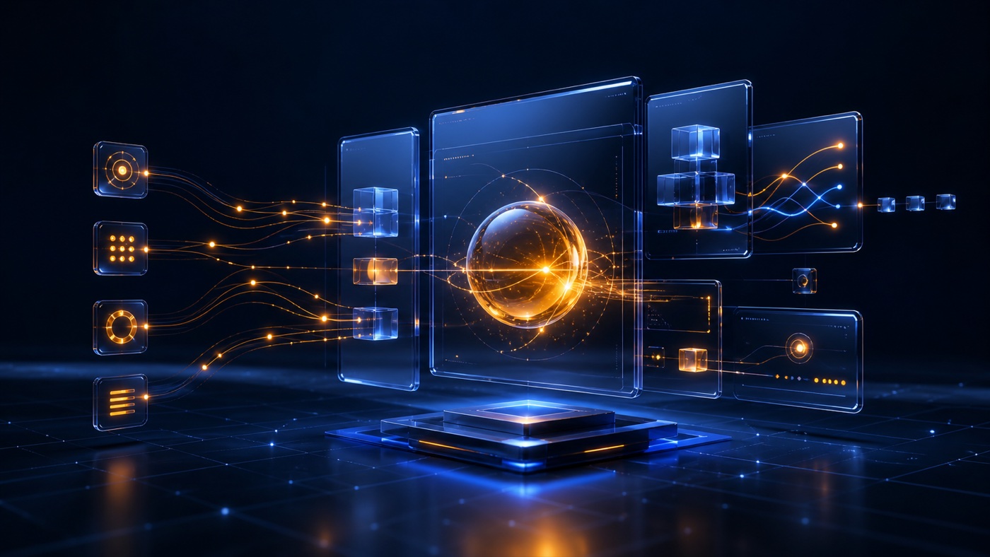 Interactive glass interface panels connected by JavaScript events and dynamic signals