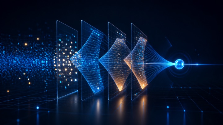 Data points moving through layered machine learning decision surfaces towards a predictive signal