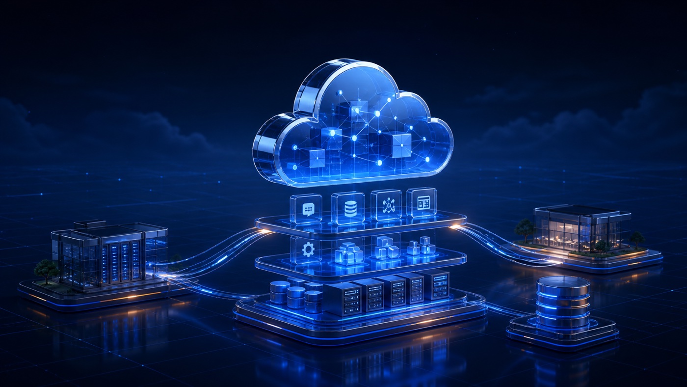 Layered blue cloud platform connecting application, data and hybrid infrastructure services