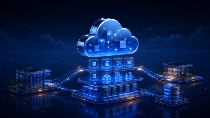Layered blue cloud platform connecting application, data and hybrid infrastructure services