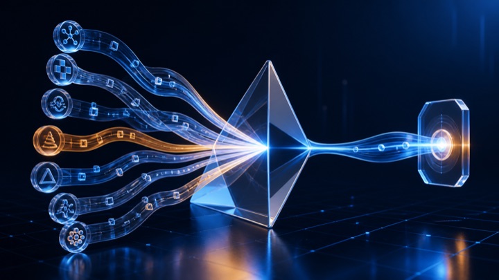 Structured prompt tokens passing through a glass prism into a controlled AI response