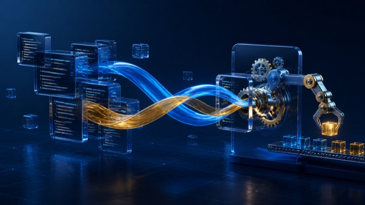 Intertwined blue and orange programming paths connecting code blocks and automation