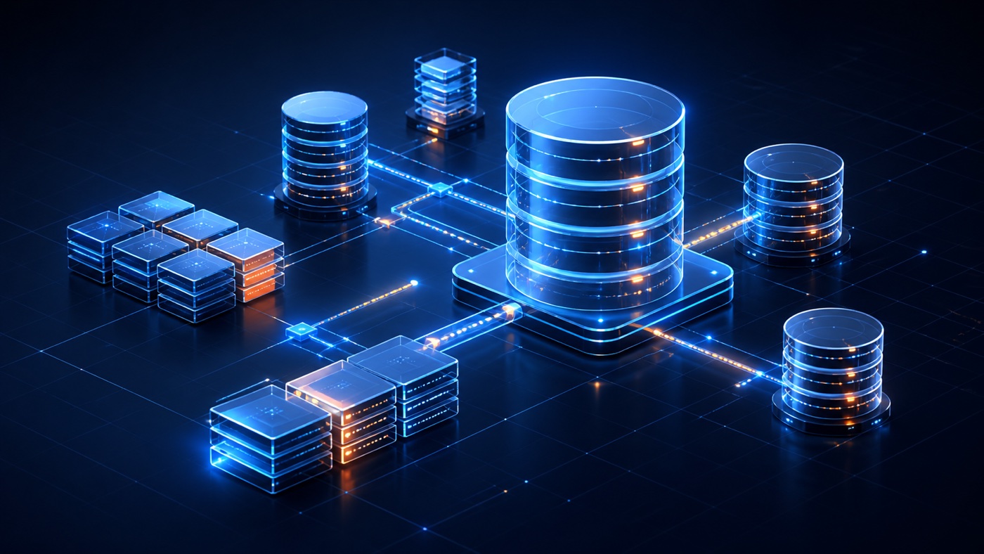 Stacked database cylinders connected by relational SQL query paths
