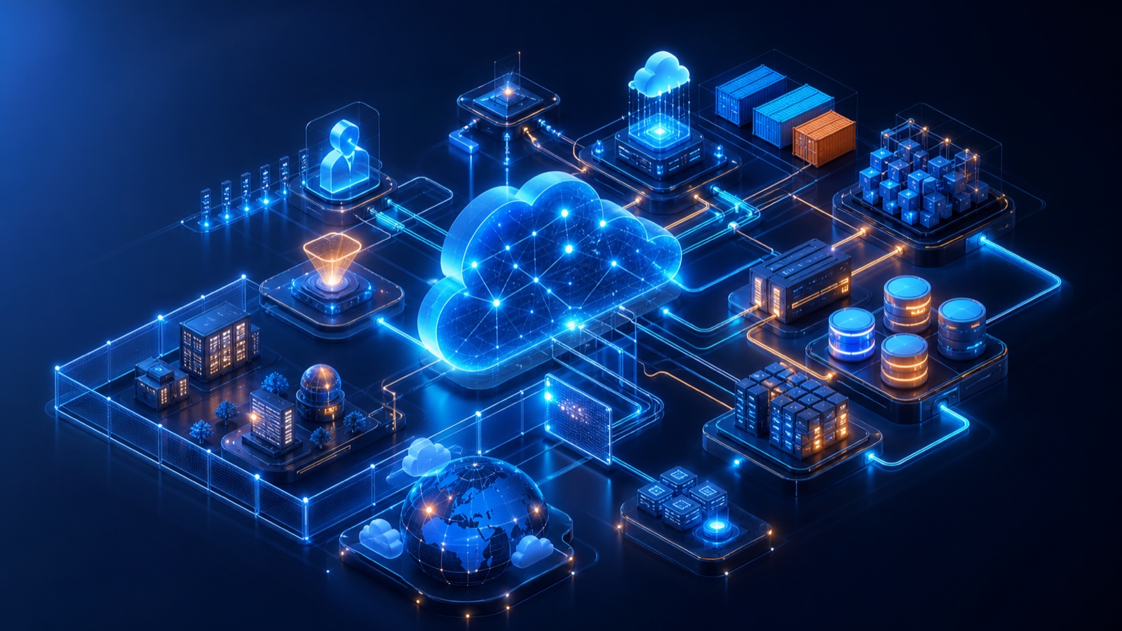 Secure enterprise cloud architecture connecting identity, networks, compute, containers, data services and regional recovery systems