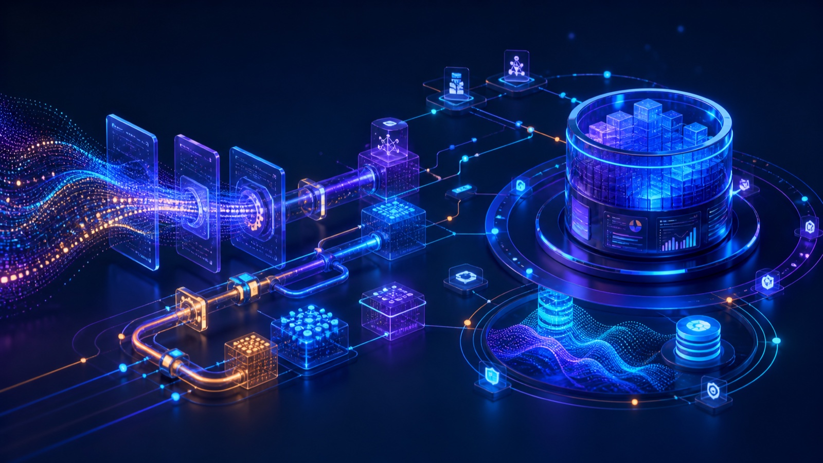 Enterprise data streams moving through governed batch and real-time pipelines into a luminous analytical lakehouse