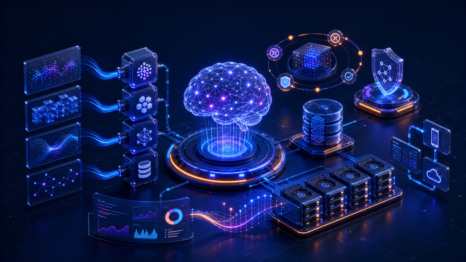 Production machine-learning system with a neural model, feature pipelines, accelerated training, deployment endpoints and monitoring guardrails