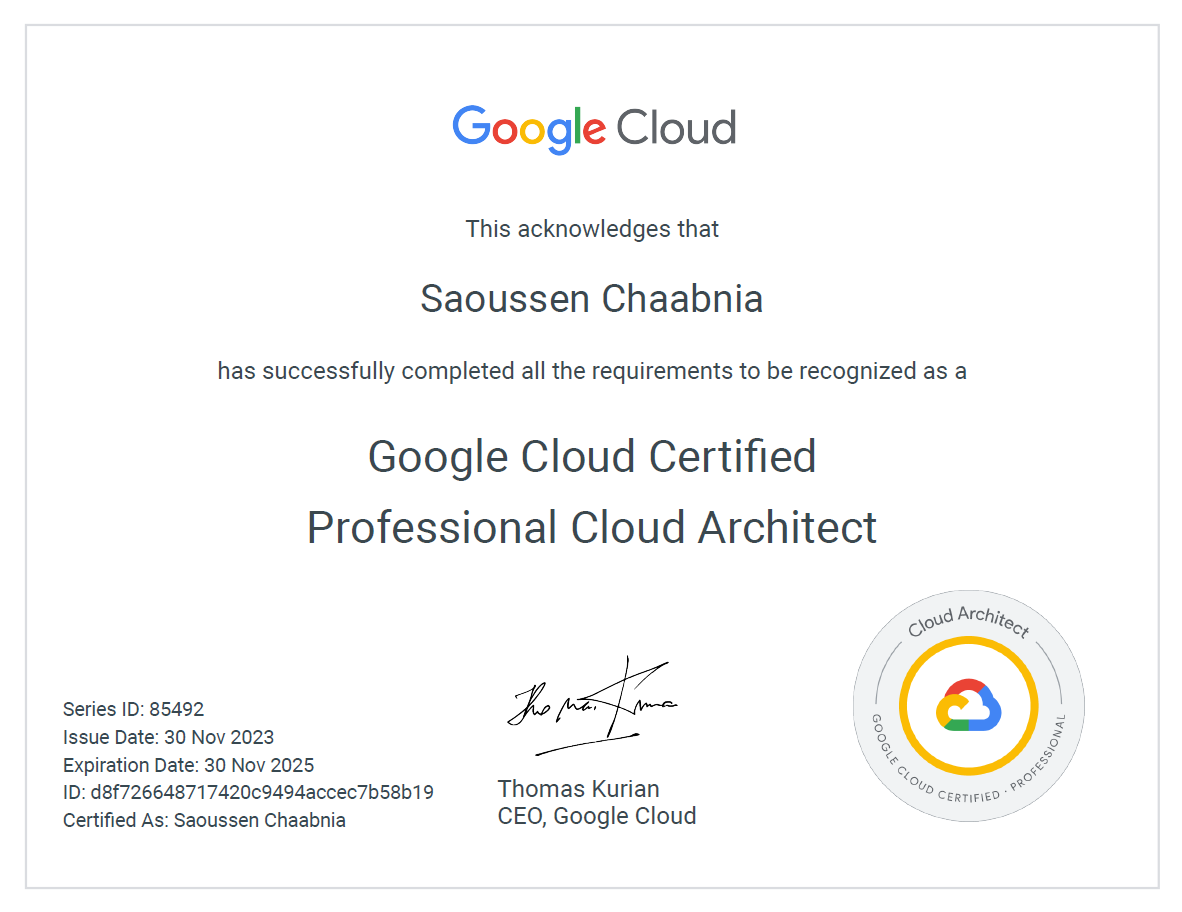 Sample Professional Cloud Architect certification document supplied as a visual reference