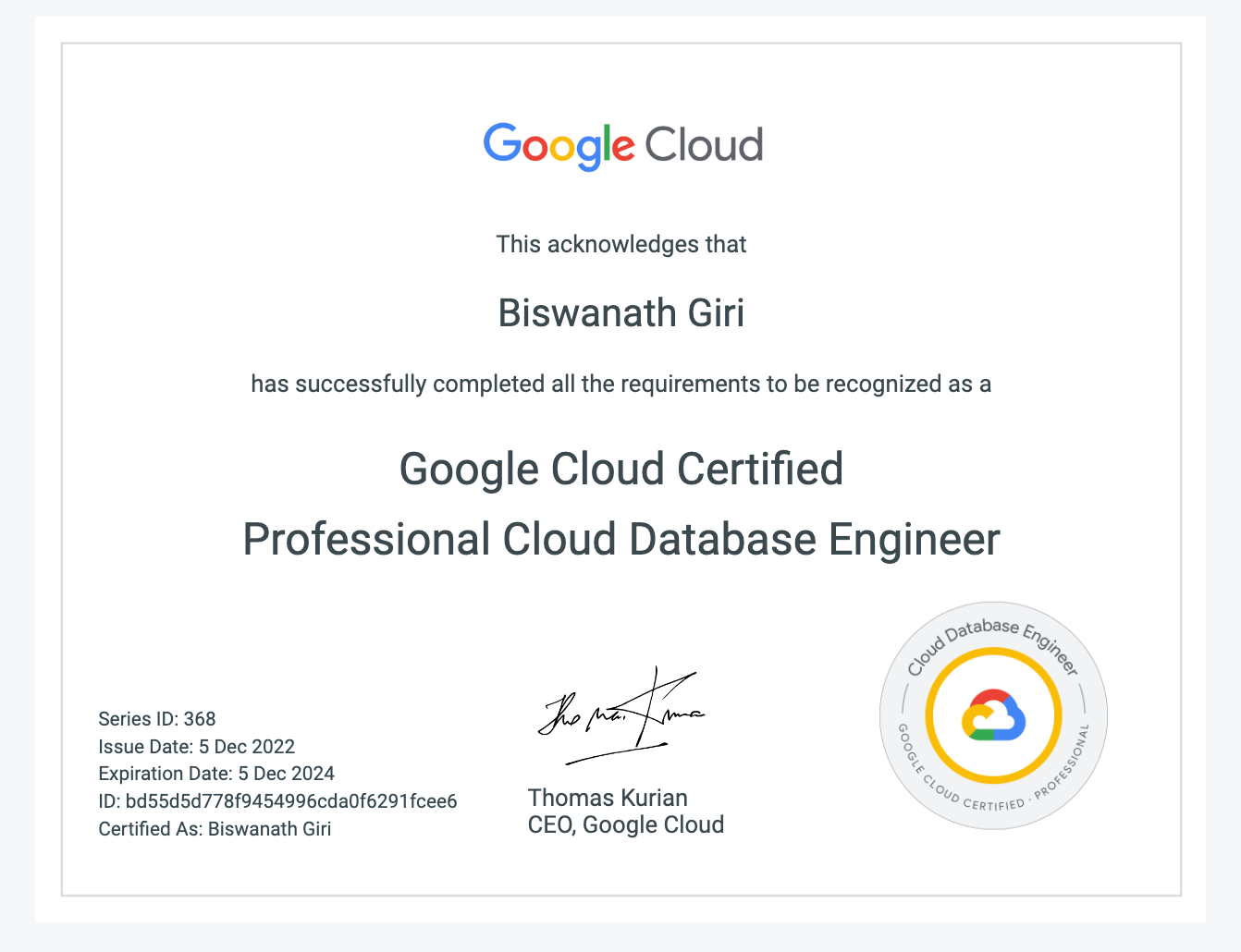 Sample Professional Cloud Database Engineer certification document supplied as a visual reference