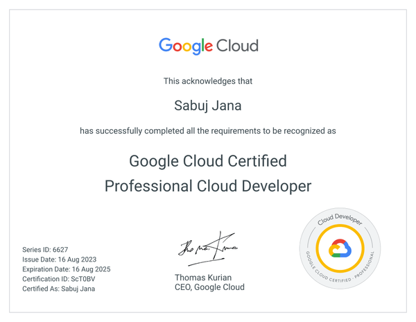 Sample Professional Cloud Developer certification document supplied as a visual reference