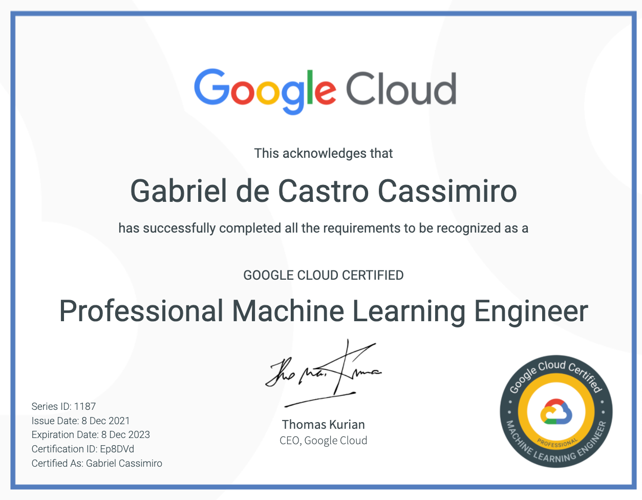 Sample Professional Machine Learning Engineer certification document supplied as a visual reference